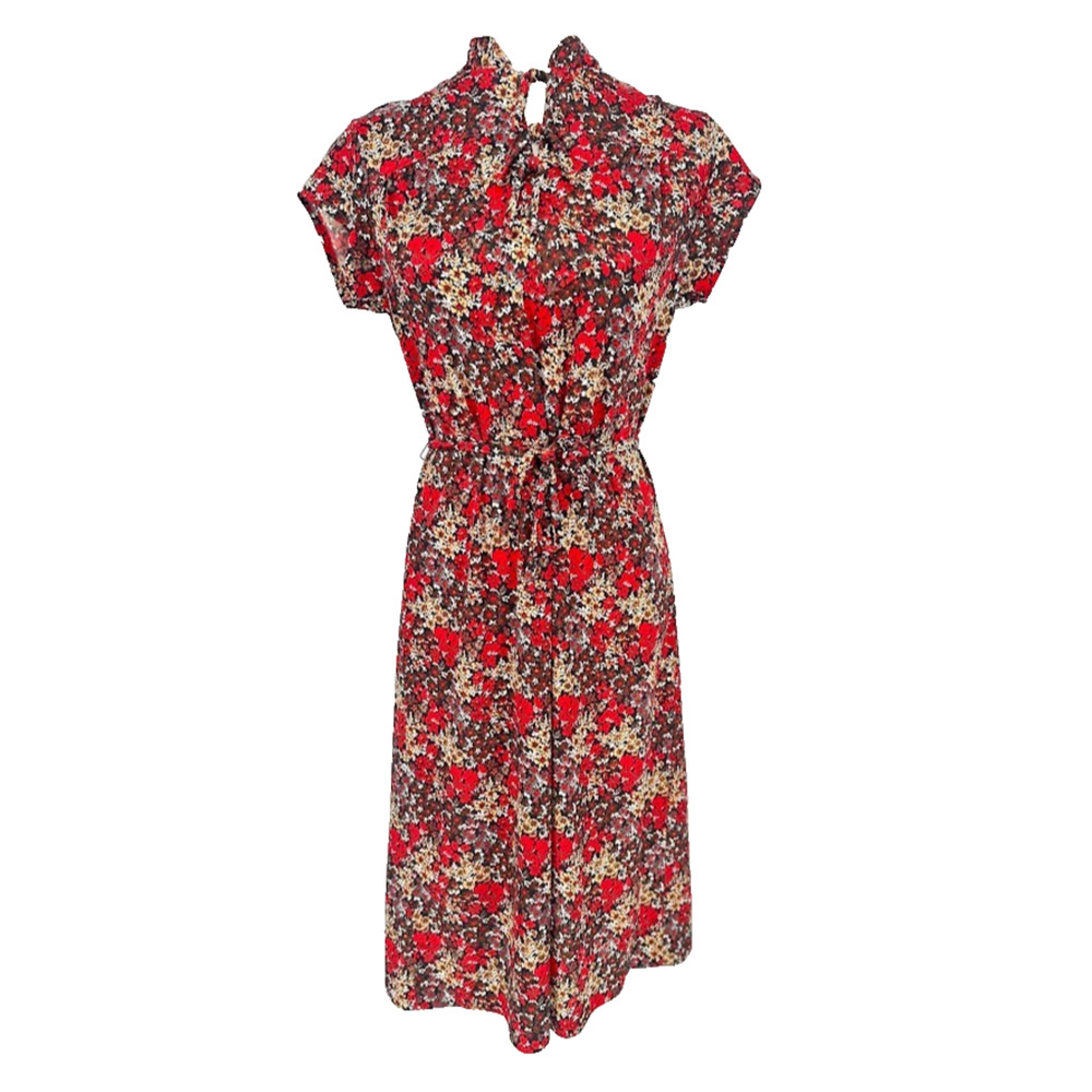 Vintage Sears Red Brown Floral Belted Short Sleeve Dress M Mock Neck Cottagecore